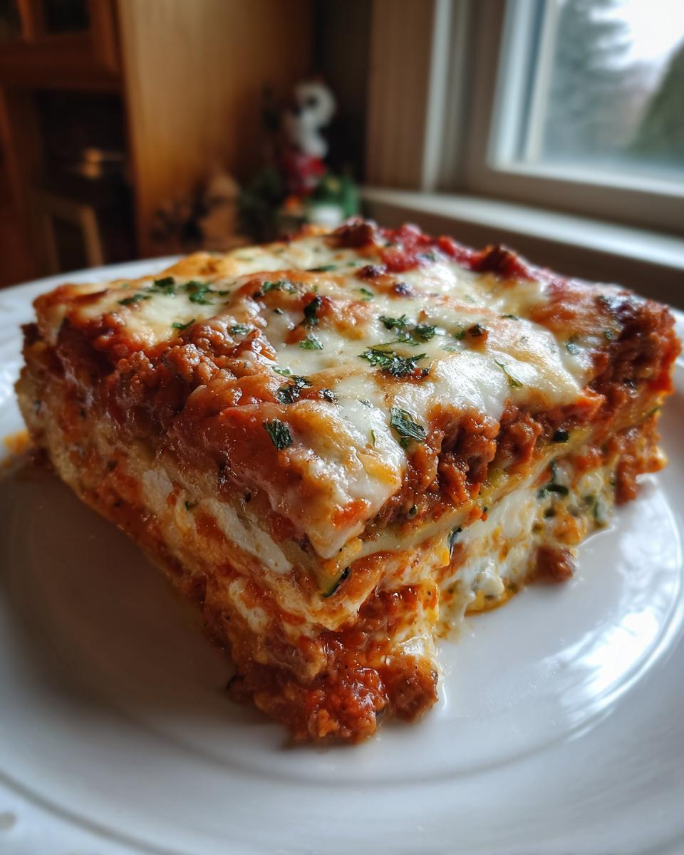A thick, layered slice of zucchini lasagna topped with melted cheese and meat sauce, sitting on a white plate.