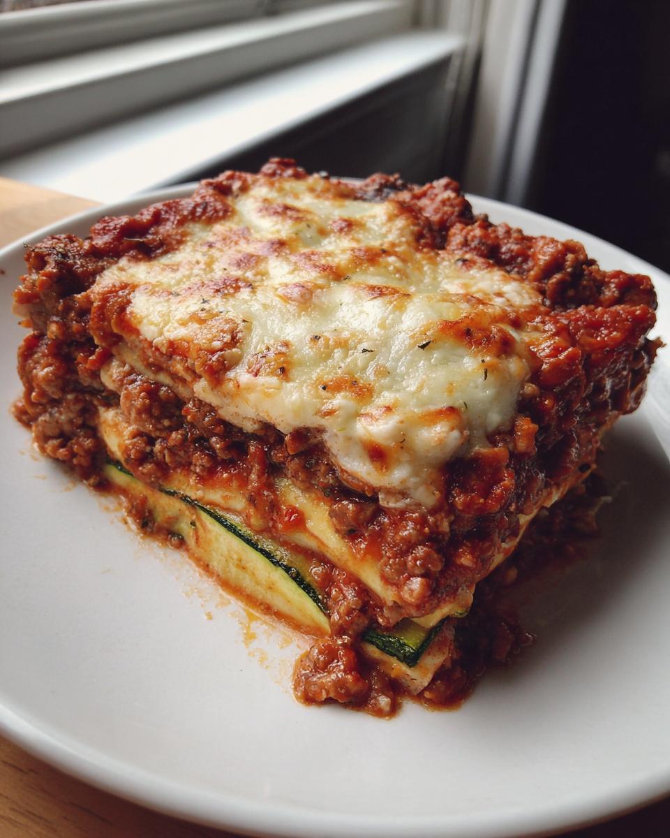 A thick, layered slice of zucchini lasagna featuring zucchini noodles, rich meat sauce, and melted cheese topping.