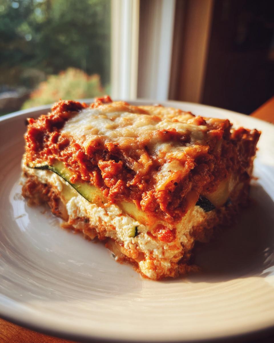 A close-up, sunlit slice of zucchini lasagna showing layers of ricotta, zucchini, and rich tomato sauce topped with melted cheese.