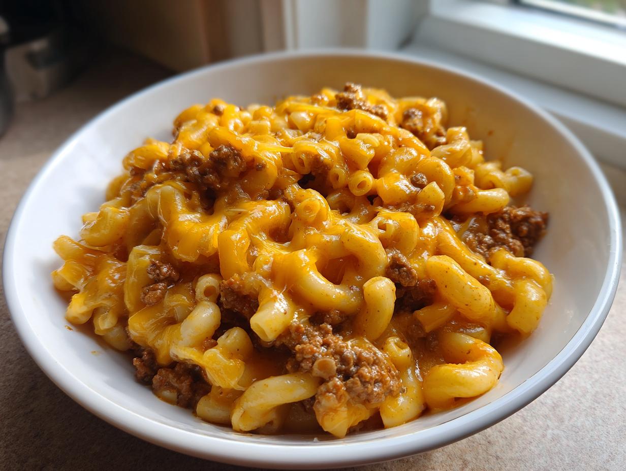 A close-up of a white bowl filled with creamy, cheesy taco pasta mixed with seasoned ground beef.