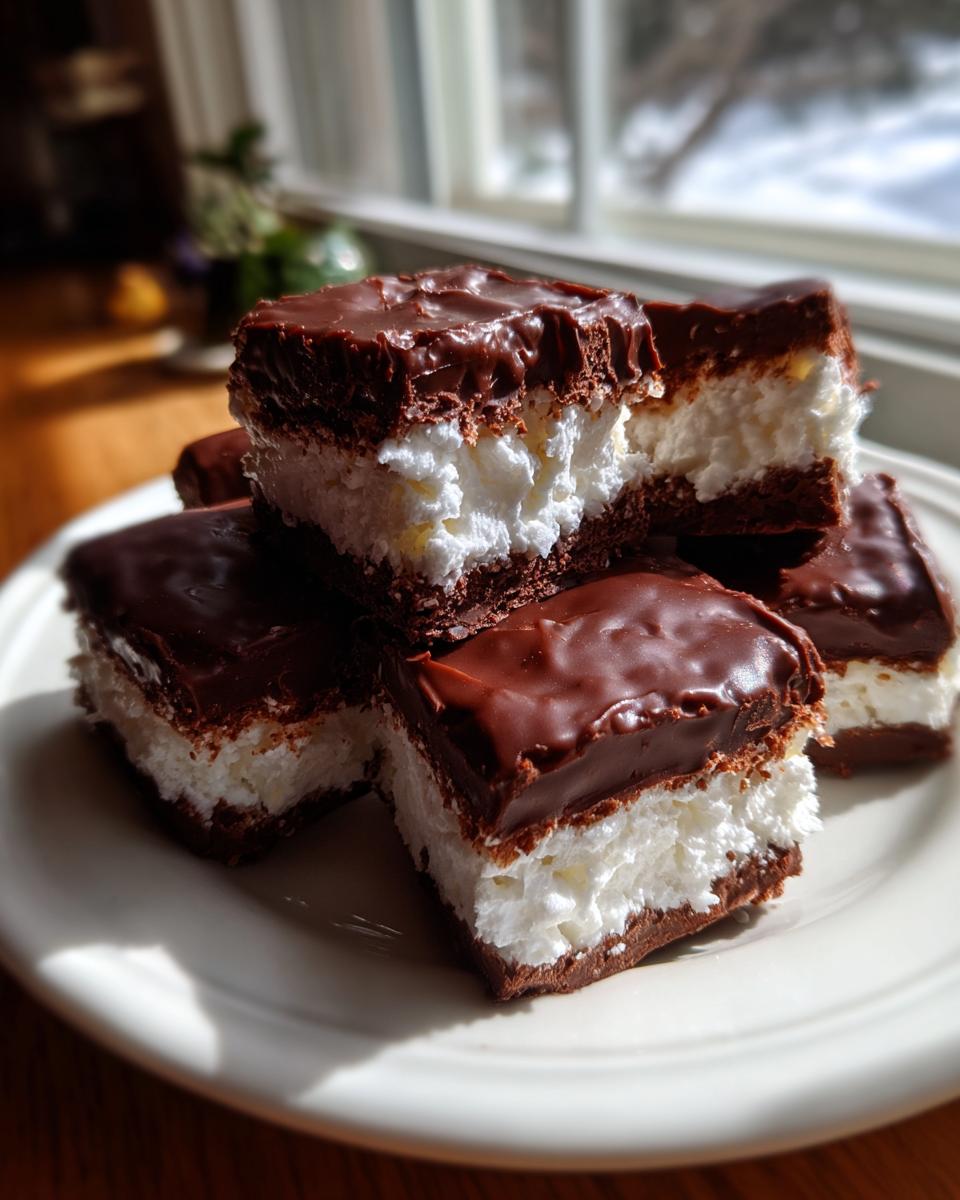 Stack of rich chocolate-topped squares featuring a thick white filling, showcasing the amazing 3 ingredient Cool Whip Candy.