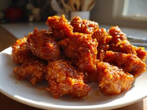 Close-up of crispy, glazed chicken pieces coated in a sticky, bright orange sauce, ready to eat from the orange chicken recipe.