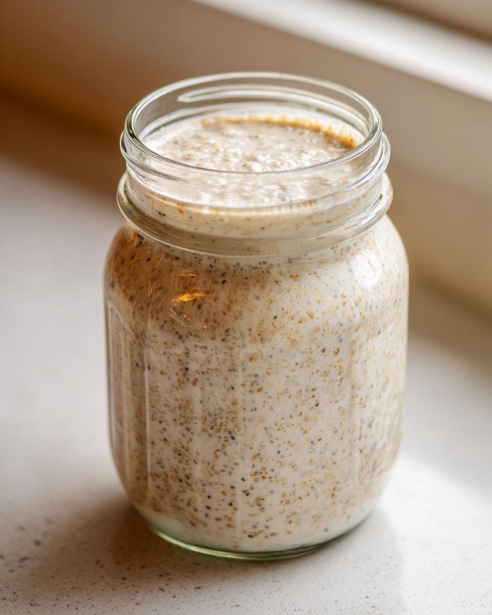 Close-up of creamy chia seed pudding mixture soaking in a glass mason jar, ready to eat.