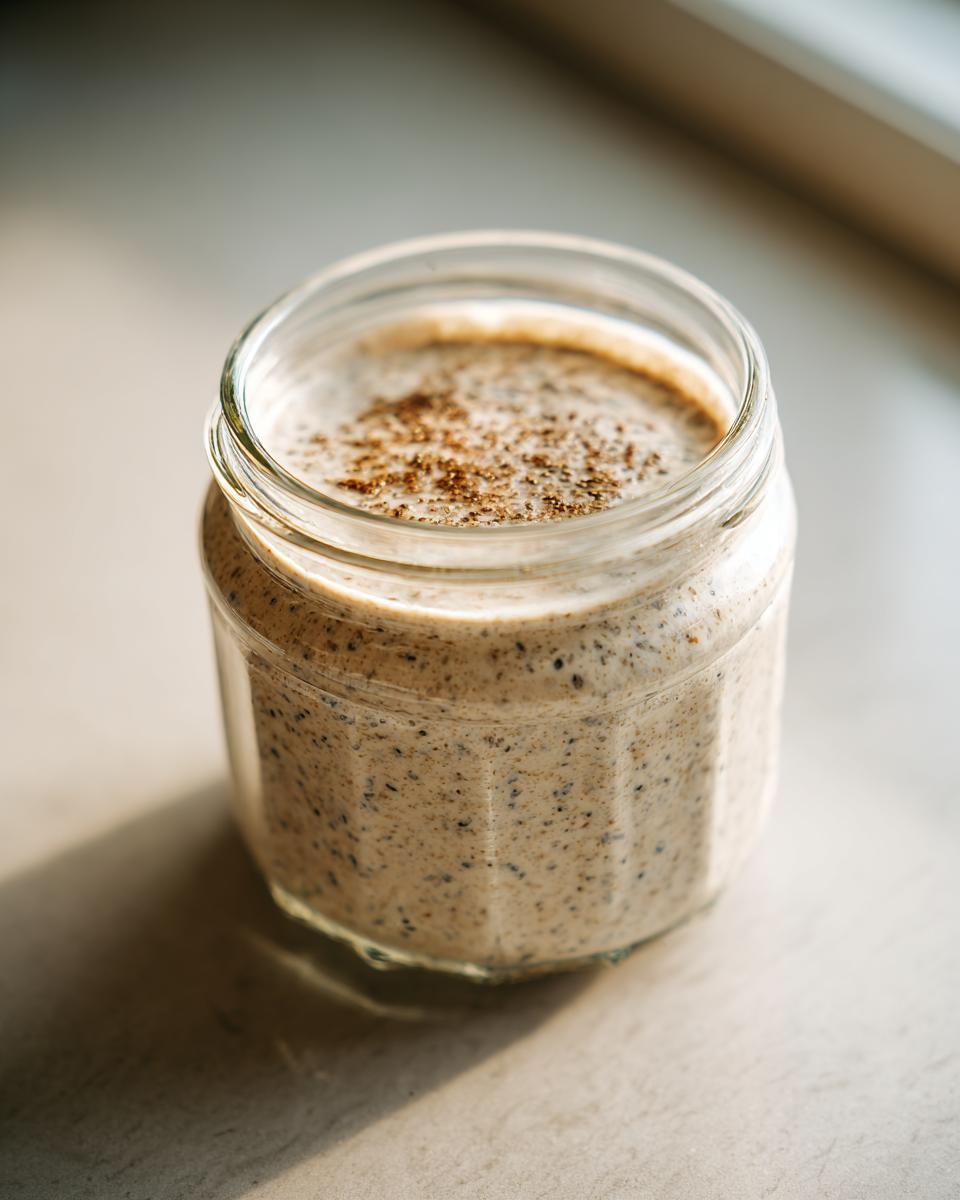 A single serving of creamy chia seed pudding in a glass jar, topped with cinnamon.