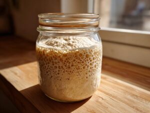 A glass jar filled with an active, bubbly sourdough starter, showing significant rise and aeration.