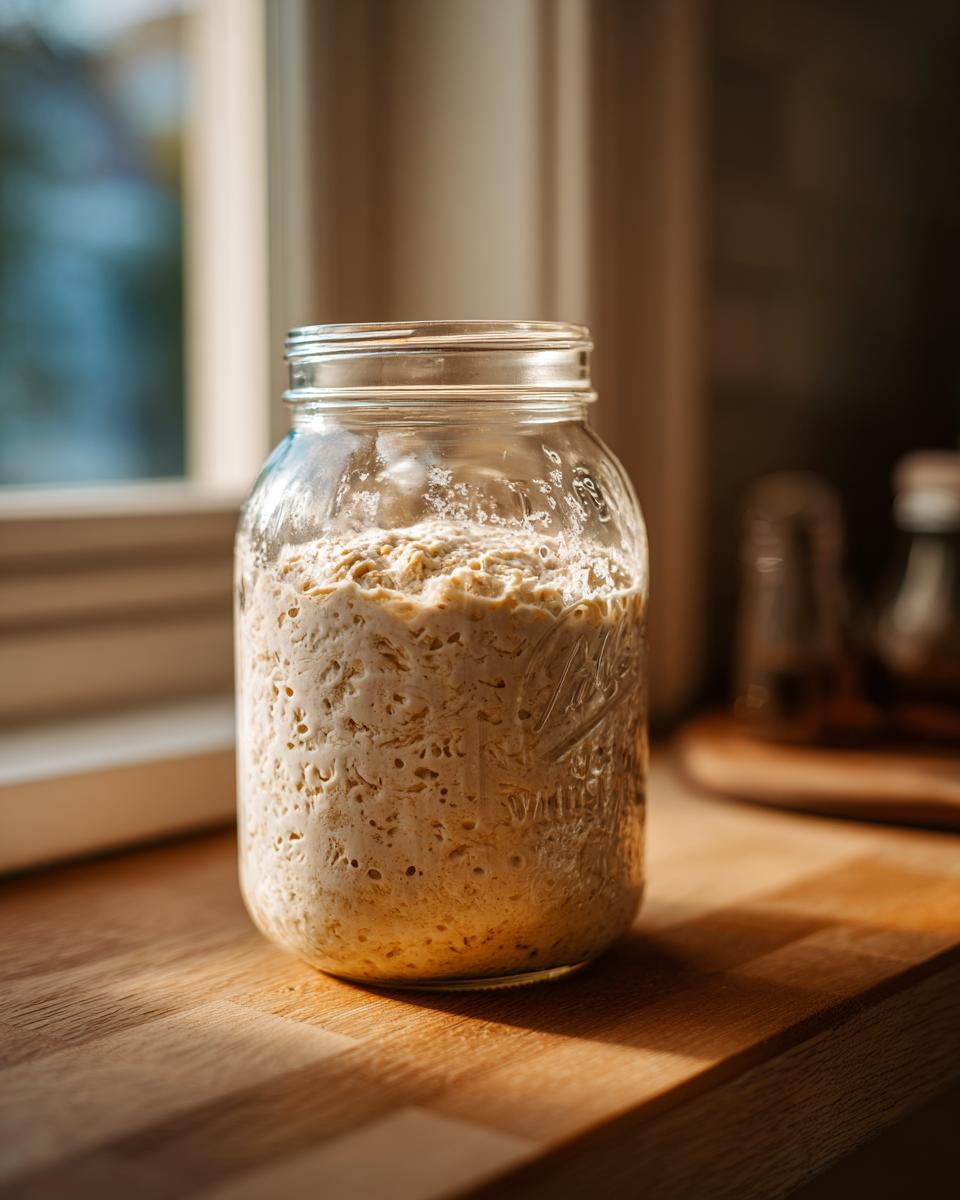 A bubbly, active sourdough starter mixture filling a glass mason jar, sitting on a sunlit wooden counter.