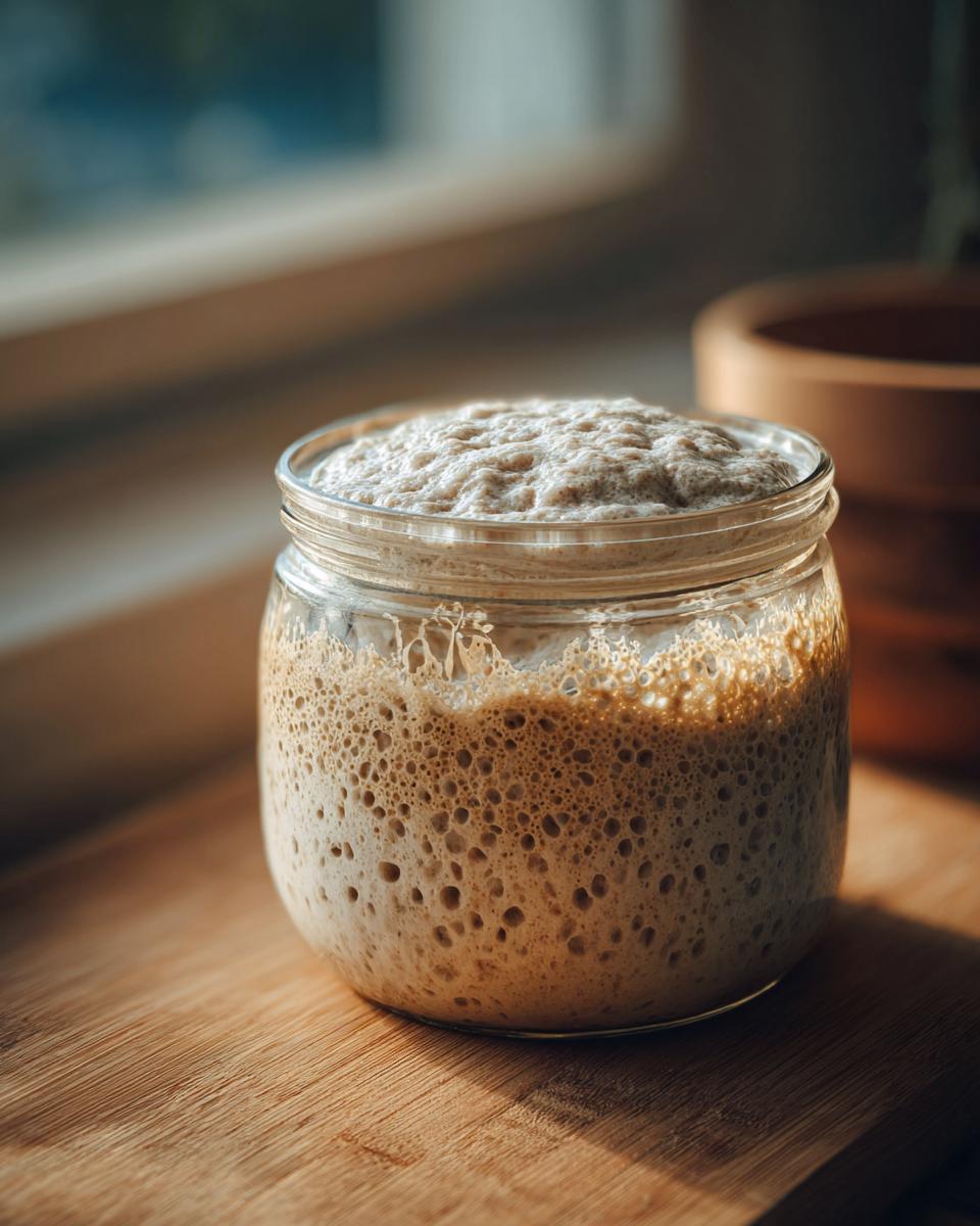 A highly active sourdough starter, full of bubbles and risen high, sits in a glass jar on a wooden surface.