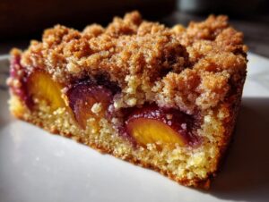 Close-up of a moist slice of plum cake featuring baked plums and a thick, golden streusel topping.