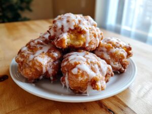 A stack of golden brown, freshly fried apple fritter pastries drizzled generously with white glaze.