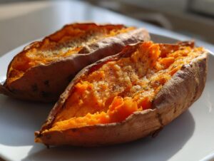 Two perfectly cooked baked sweet potatoes, split open to show the bright orange flesh seasoned with pepper, ready to eat.