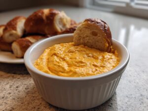 A serving of bright orange beer cheese dip in a white bowl with a piece of pretzel bread dipped inside.
