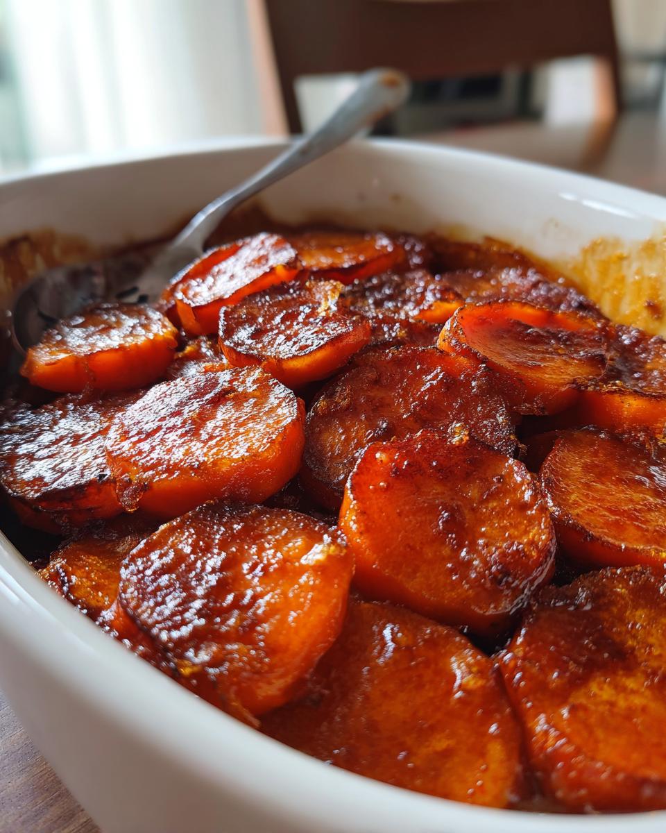 A white serving dish filled with glossy, caramelized candied sweet potatoes slices, with a serving spoon resting inside.