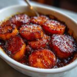 Close-up of thick-cut candied sweet potatoes glistening with a rich, dark caramel glaze in a white serving dish.