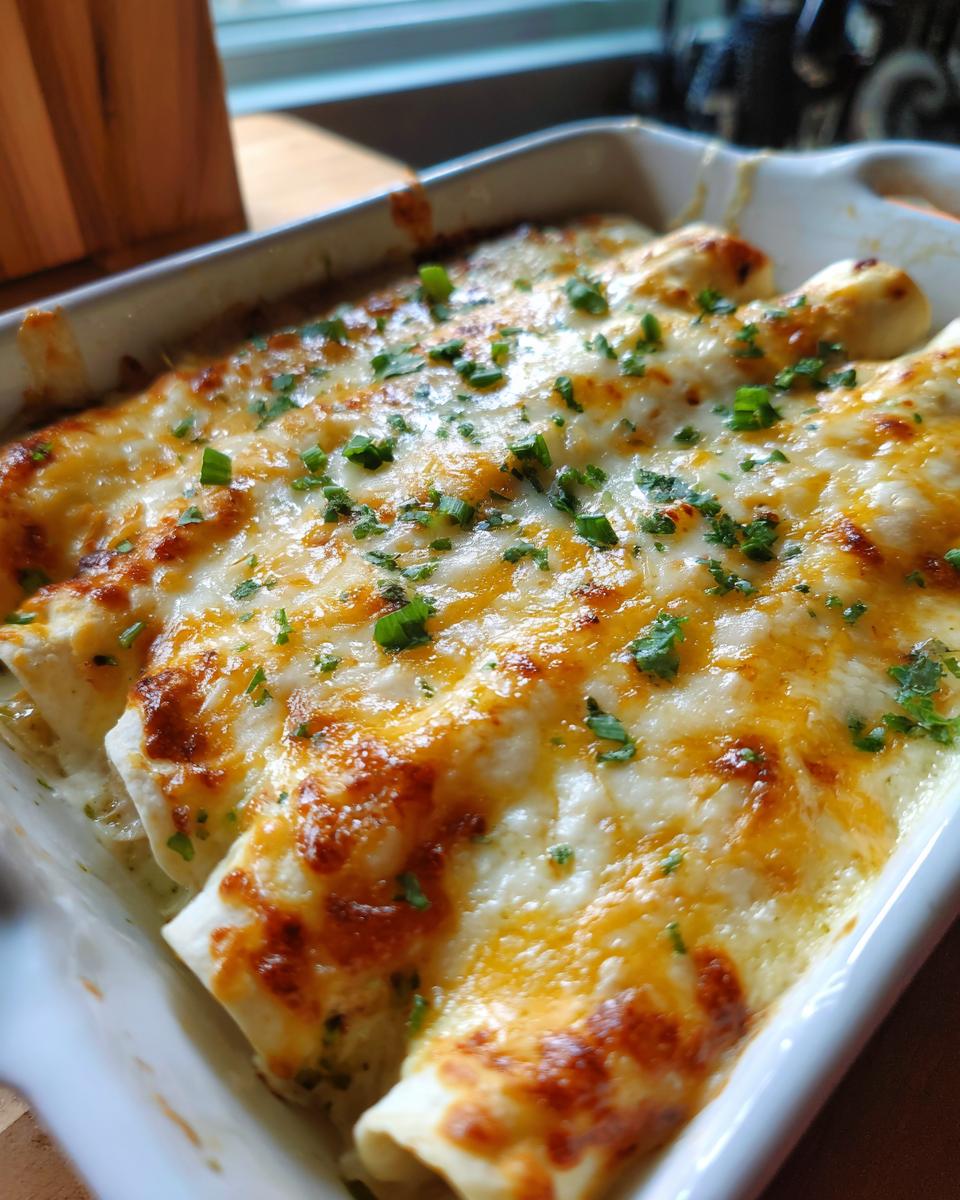 Close-up of baked chicken enchiladas covered in melted, bubbly cheese and topped with fresh green herbs.