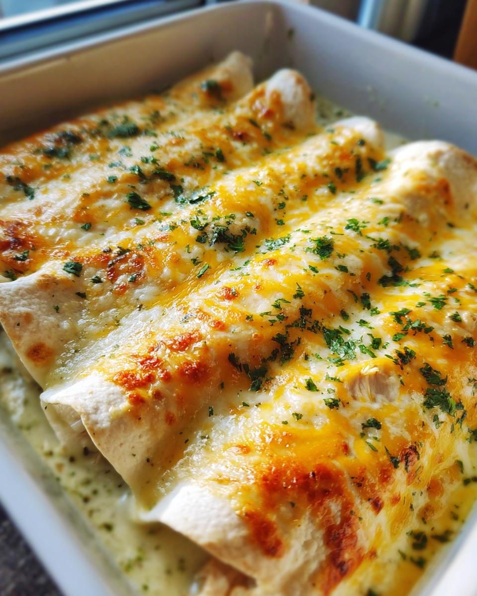 Close-up of baked chicken enchiladas covered in melted cheese and fresh parsley.