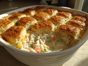 A close-up of an amazing chicken pot pie casserole topped with golden, fluffy biscuits.