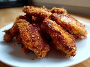 Close-up of several golden brown, extra-crispy chicken wing pieces piled on a white plate.