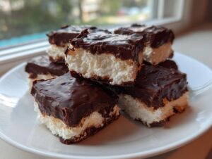 A stack of rich chocolate-covered Cool Whip candy squares with a fluffy white center on a white plate.
