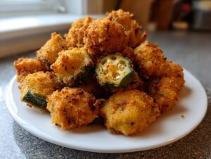 A close-up of a mound of golden brown, crispy fried okra pieces served on a white plate.