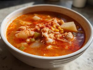 A close-up view of a steaming bowl of amazing maryland crab soup, topped with flaky crab meat and paprika.