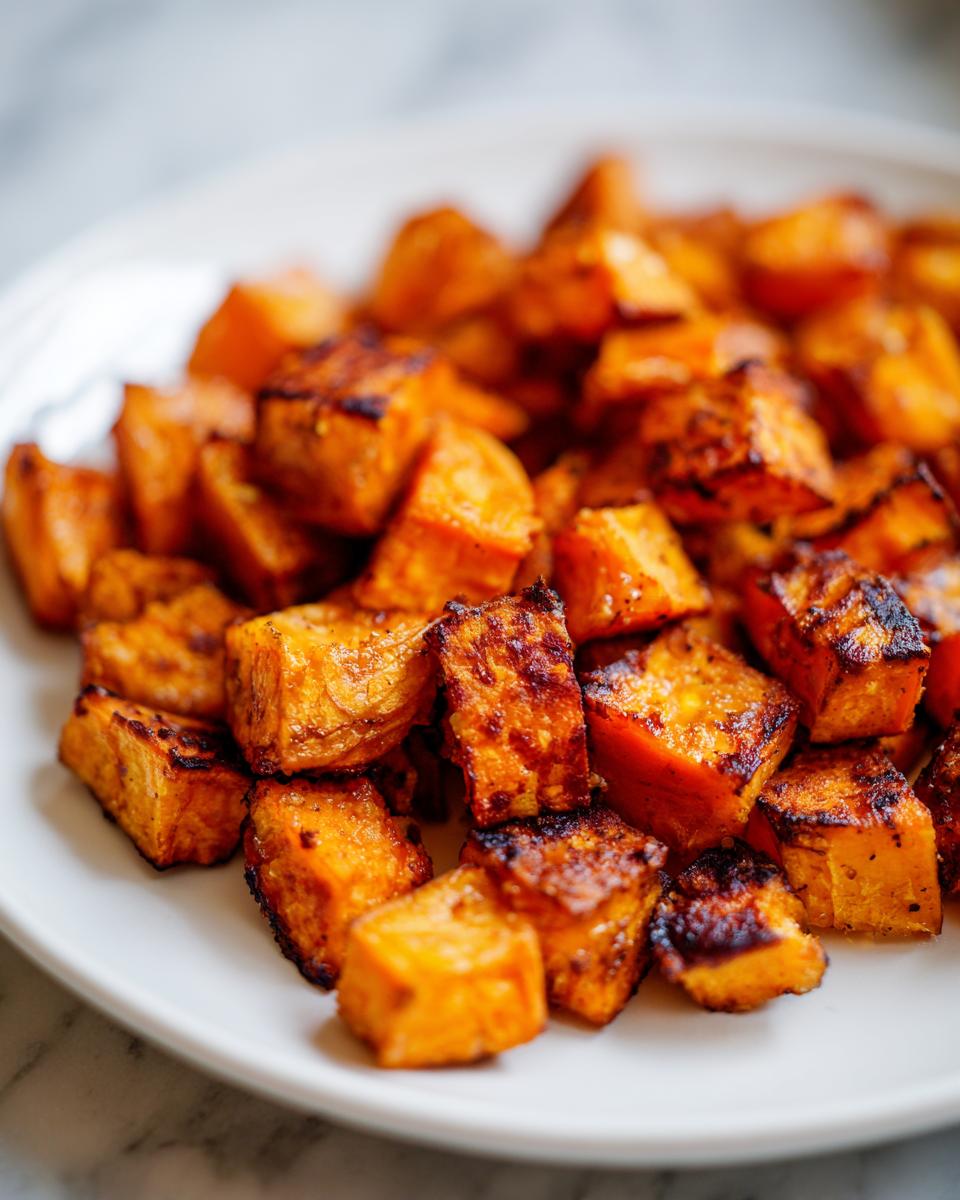 Close-up of perfectly caramelized roasted sweet potatoes cubes served on a white plate.