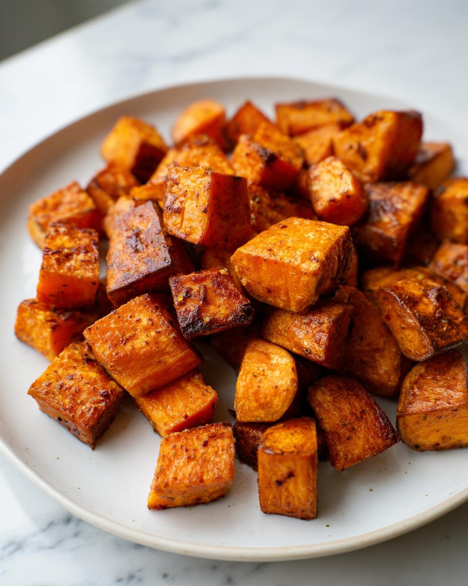A close-up of perfectly caramelized, cubed roasted sweet potatoes piled on a light-colored plate.