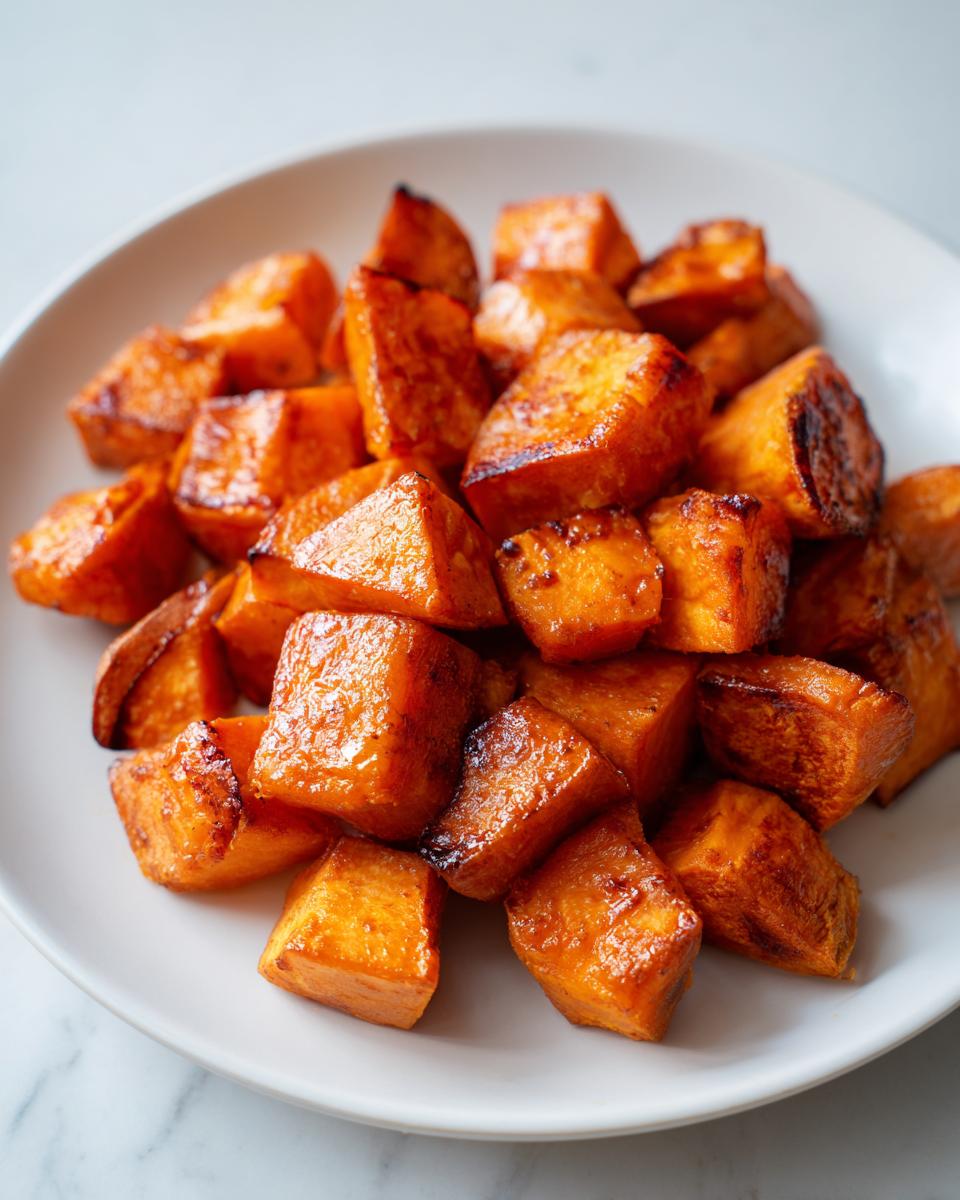 A close-up of caramelized, cubed roasted sweet potatoes piled high on a white plate.