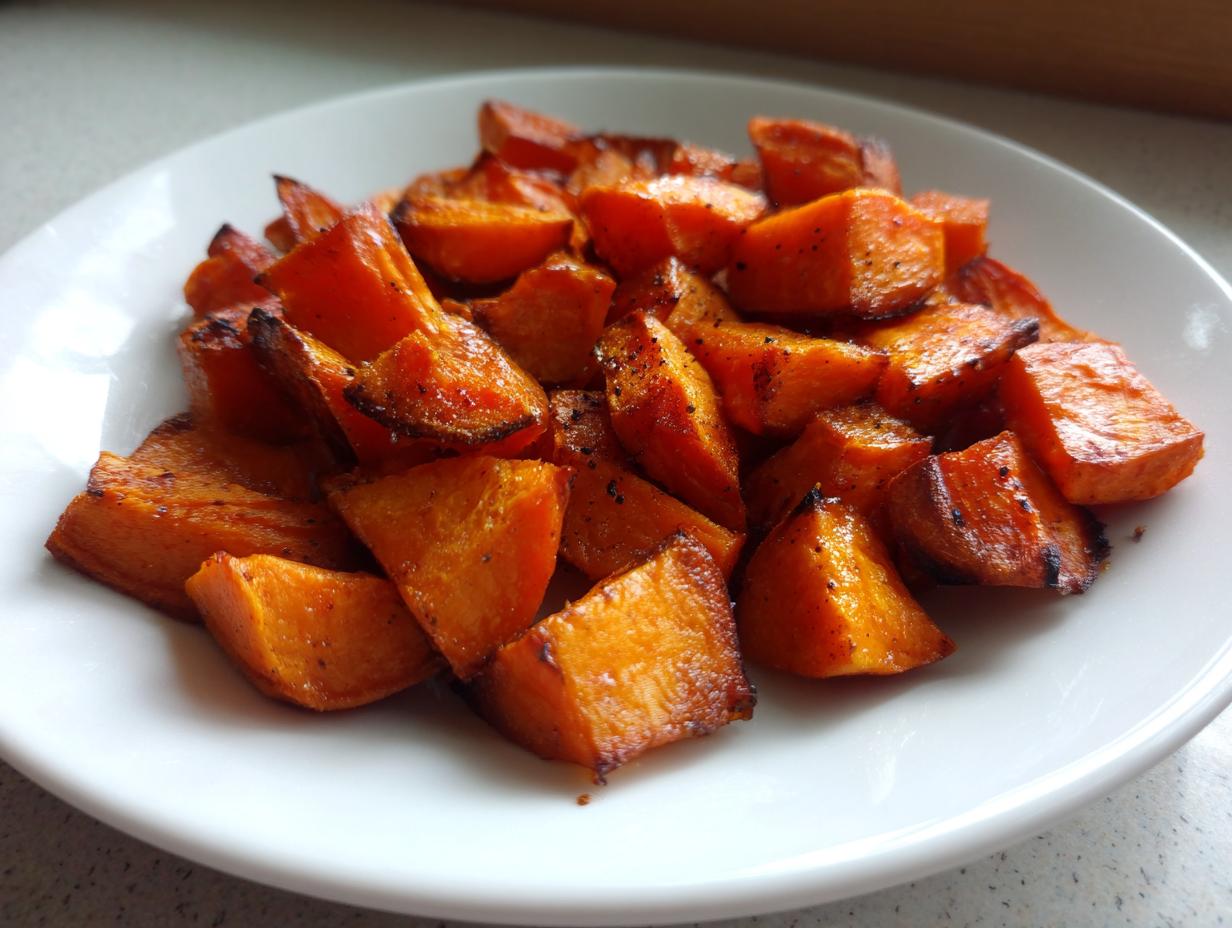 A close-up of perfectly caramelized roasted sweet potatoes seasoned with pepper, served on a white plate.