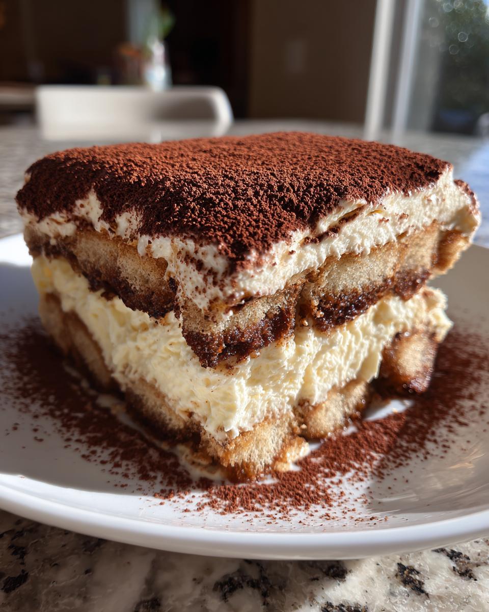 A perfect slice of creamy tiramisu recipe layered with ladyfingers and heavily dusted with cocoa powder.