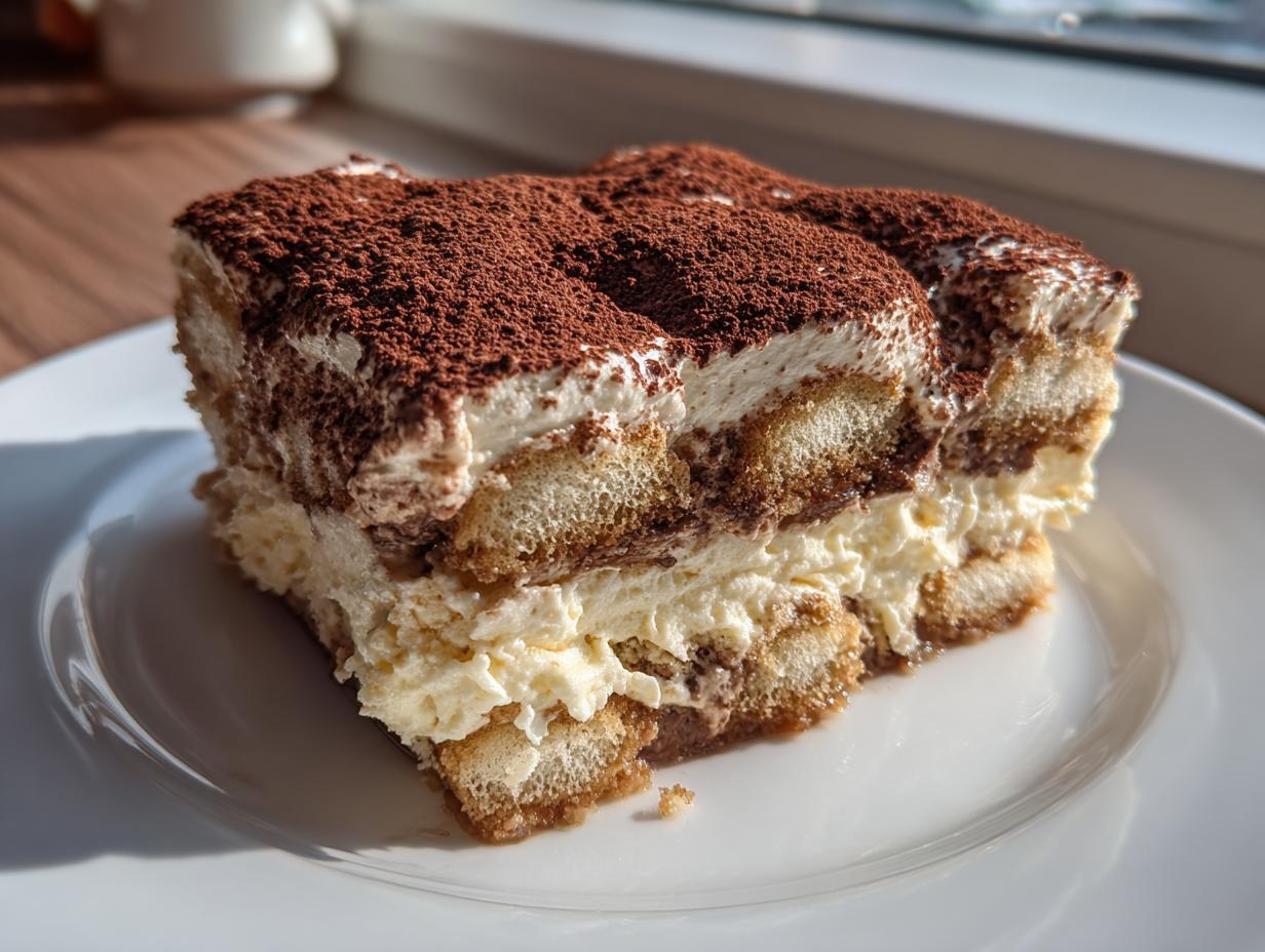 A generous slice of homemade tiramisu recipe on a white plate, showing layers of ladyfingers, cream, and a heavy dusting of cocoa powder.