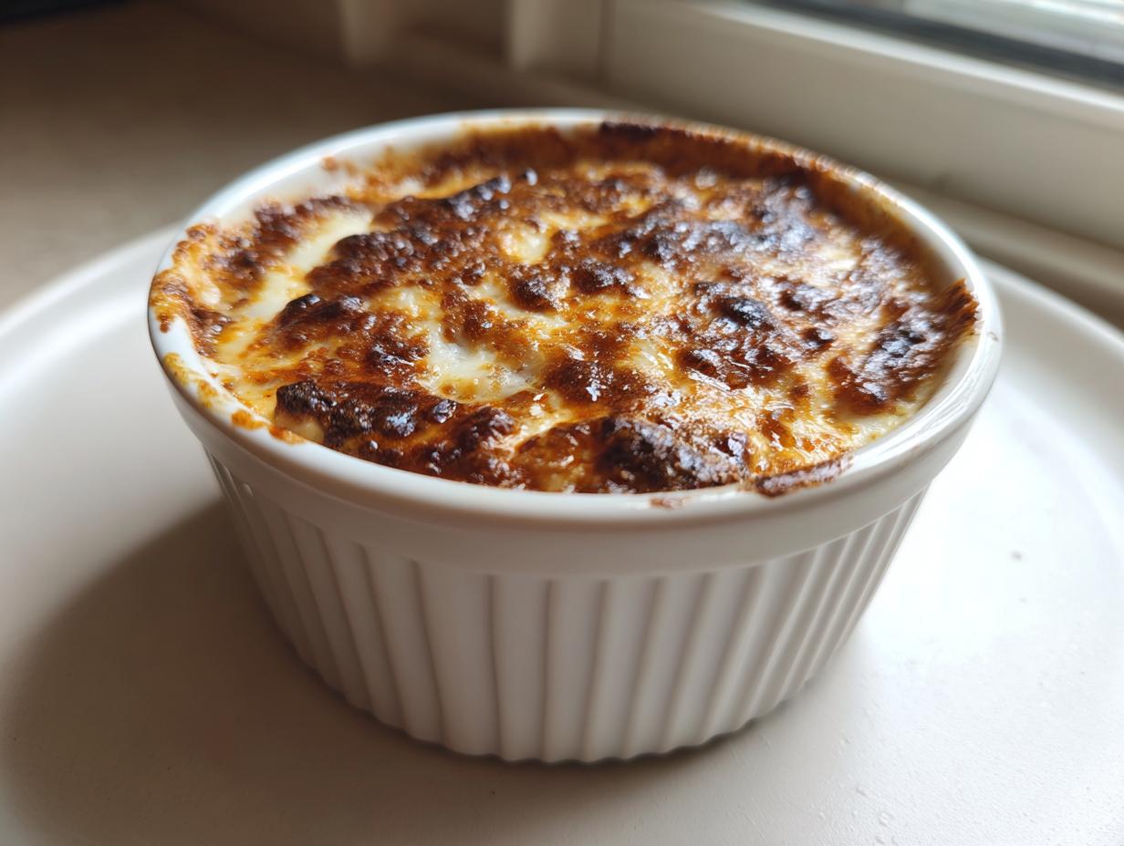 Close-up of a baked caramelized onion dip with a bubbly, browned cheese topping served in a white fluted ramekin.