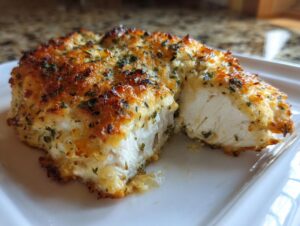 Close-up of a perfectly cooked baked ranch chicken breast, showing the juicy white interior and golden, herbed crust.