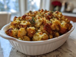 A close-up of golden brown, herbed stuffing baked to perfection in a white oval dish.