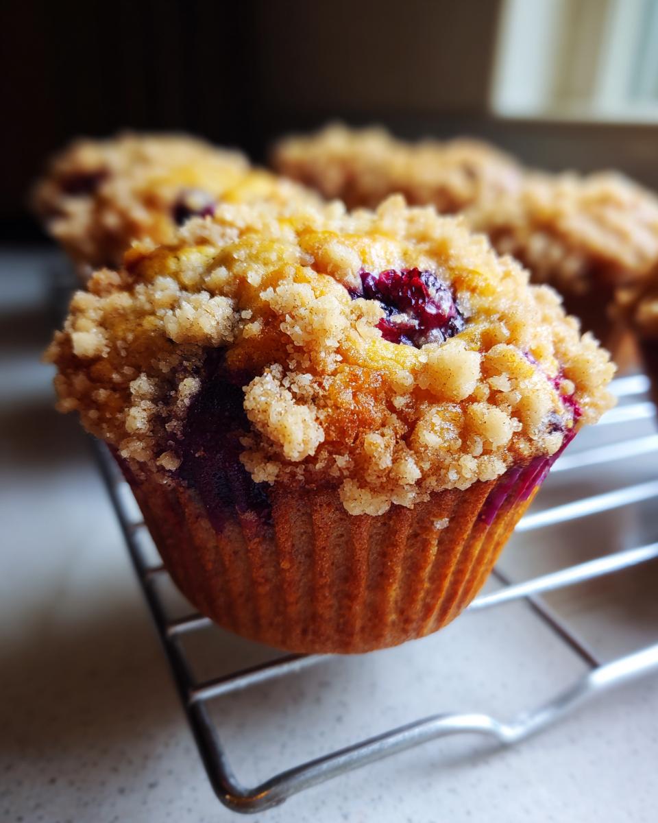 A close-up of a golden brown blueberry muffin topped with a generous layer of cinnamon streusel cooling on a wire rack.