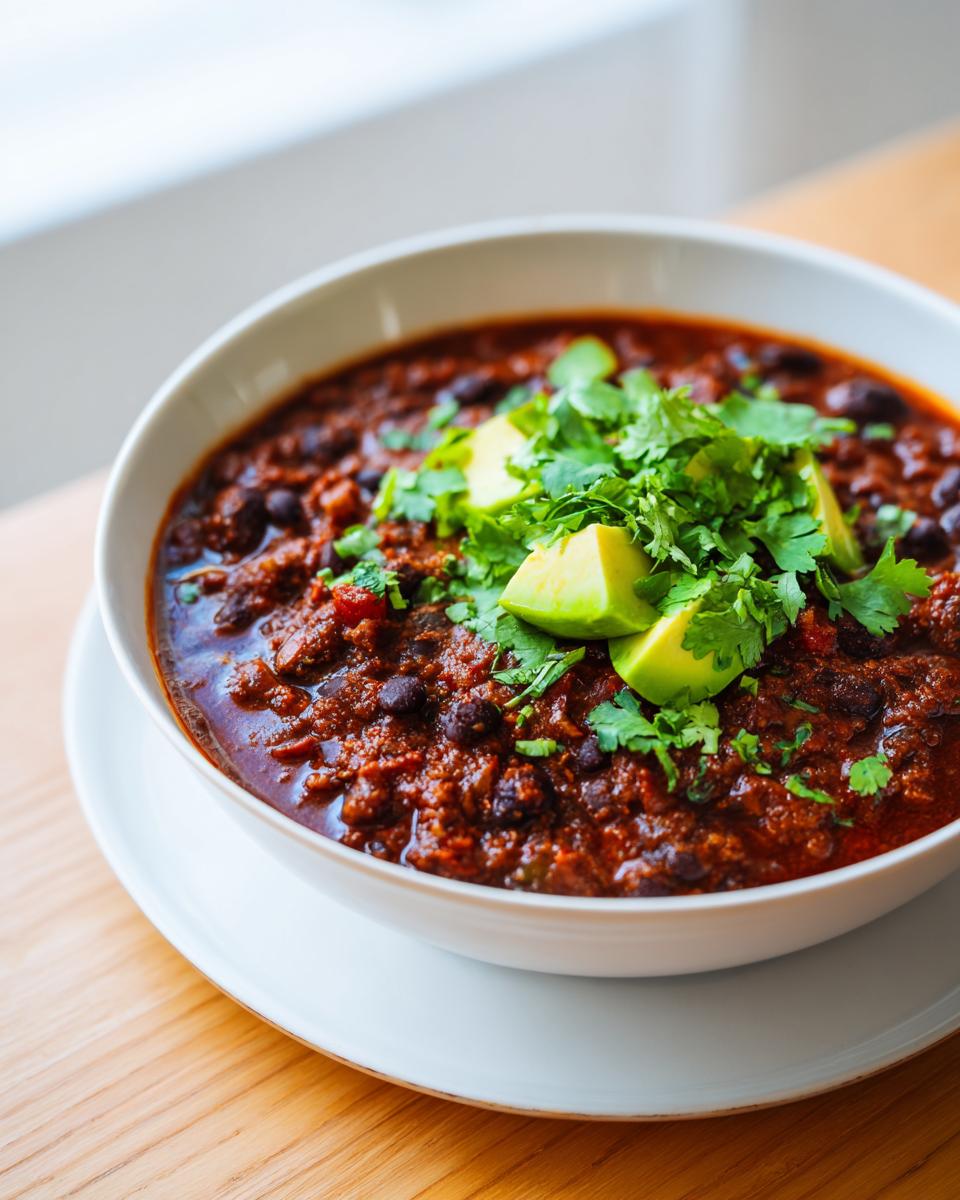 A close-up of a rich, dark red bowl of black bean chili topped with fresh avocado slices and cilantro.