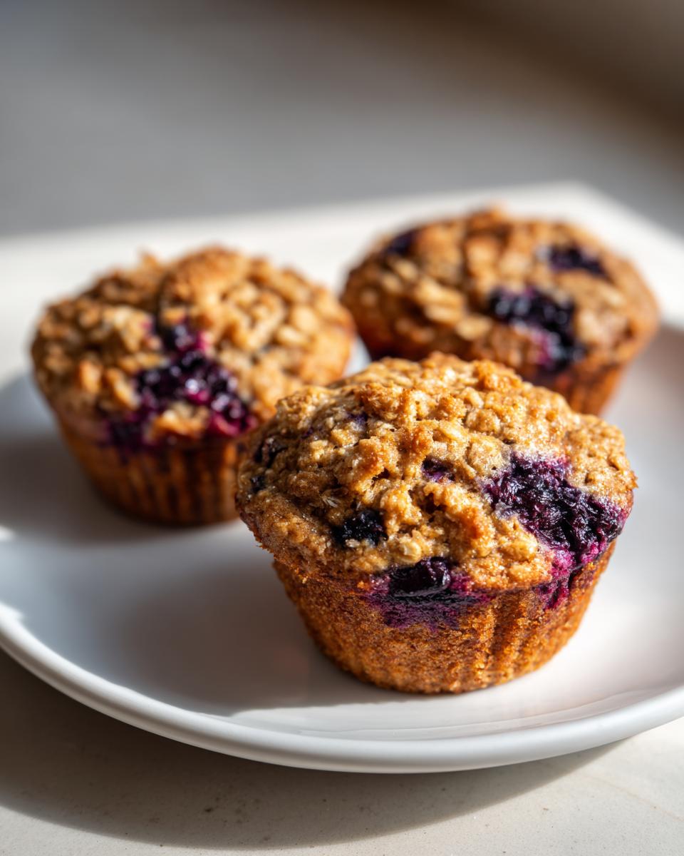 Close-up of three freshly baked blueberry oatmeal muffins with a crumbly oat topping, sitting on a white plate.