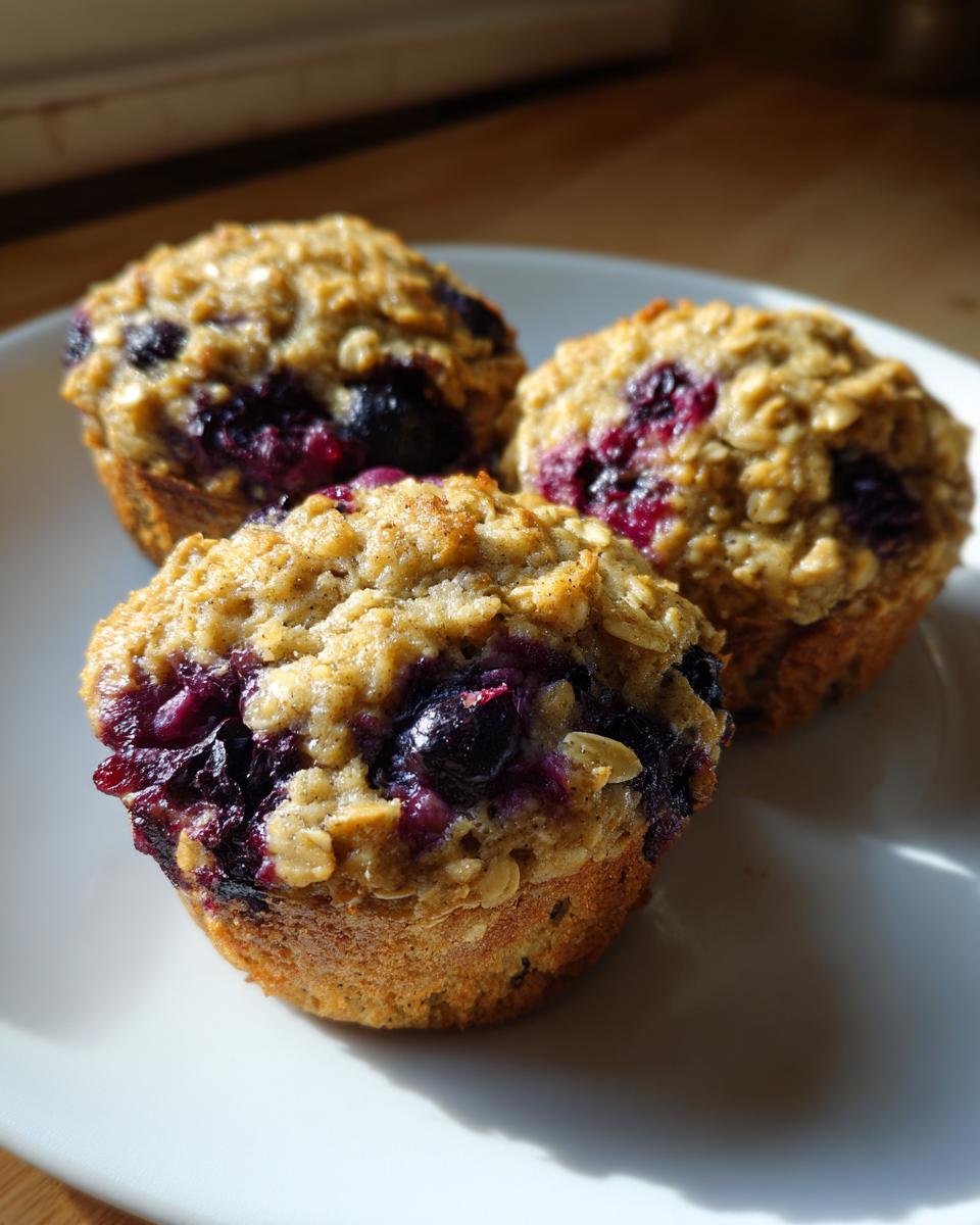 Three freshly baked blueberry oatmeal muffins with visible oats and burst blueberries, sitting on a white plate.