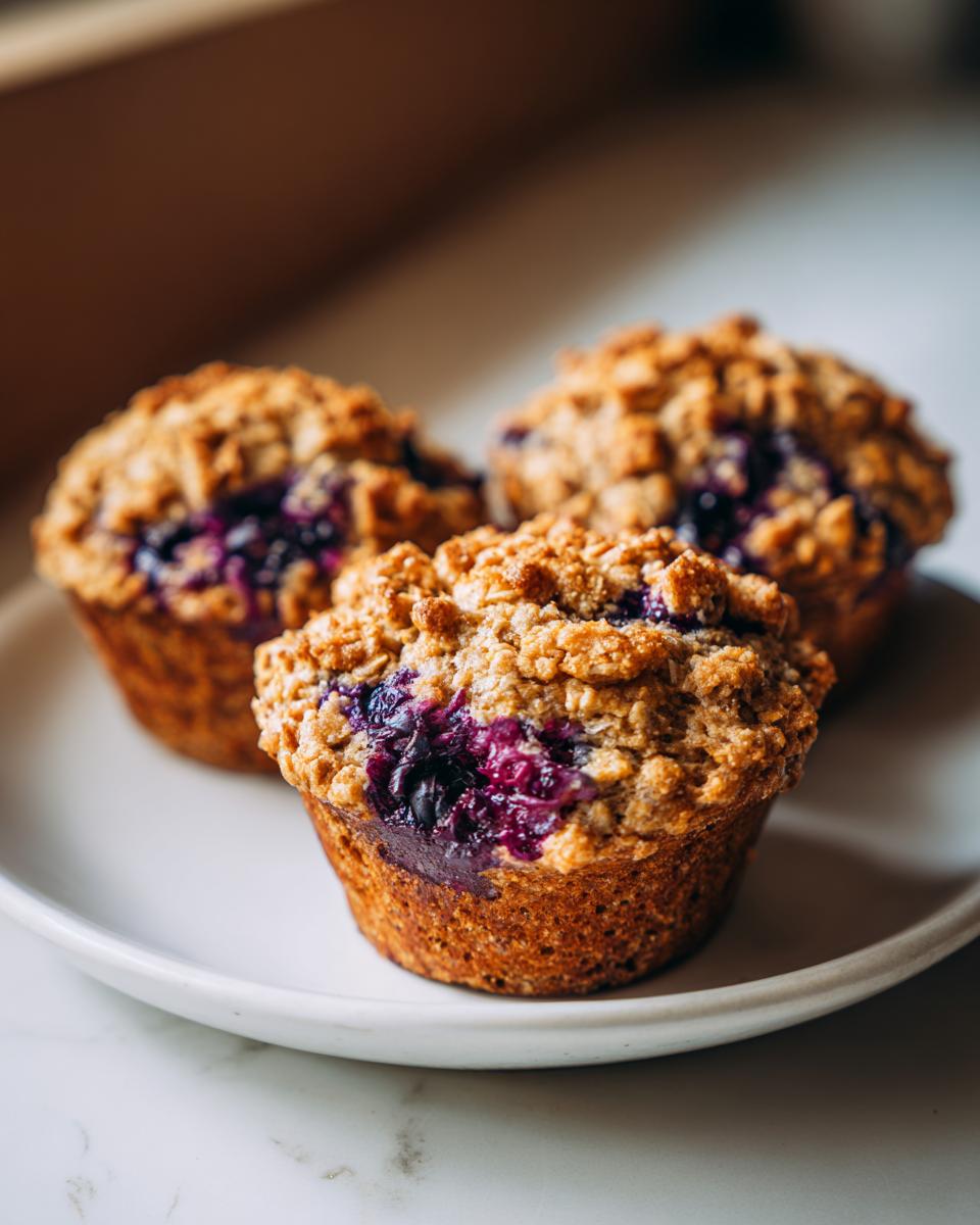 Close-up of three freshly baked blueberry oatmeal muffins with a crunchy oat streusel topping on a white plate.