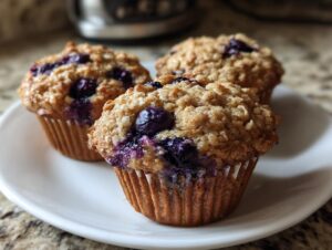 Close-up of three freshly baked blueberry oatmeal muffins with a crumbly top, sitting on a white plate.