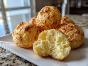 A stack of golden-brown Brazilian cheese bread puffs, with one broken open showing the airy, chewy interior.