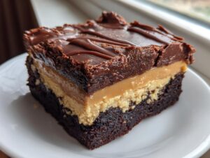 Close-up of a single serving of buckeye brownies showing fudgy chocolate base, peanut butter layer, and chocolate topping.