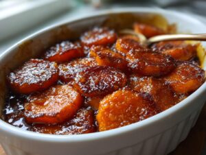 Close-up of glistening, caramelized candied sweet potatoes slices baked in a white oval dish.