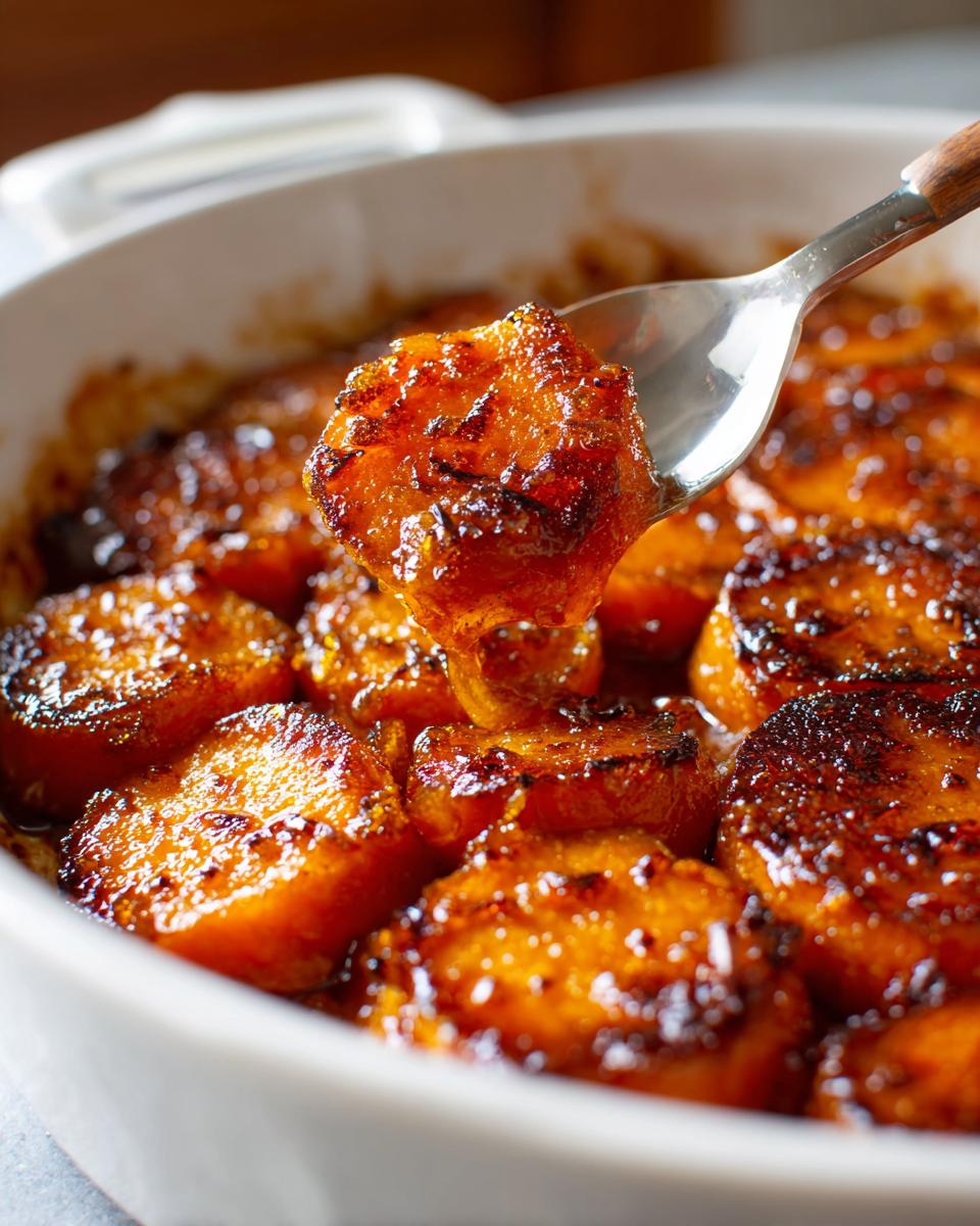 A spoonful of rich, caramelized candied sweet potatoes being lifted from a white baking dish.