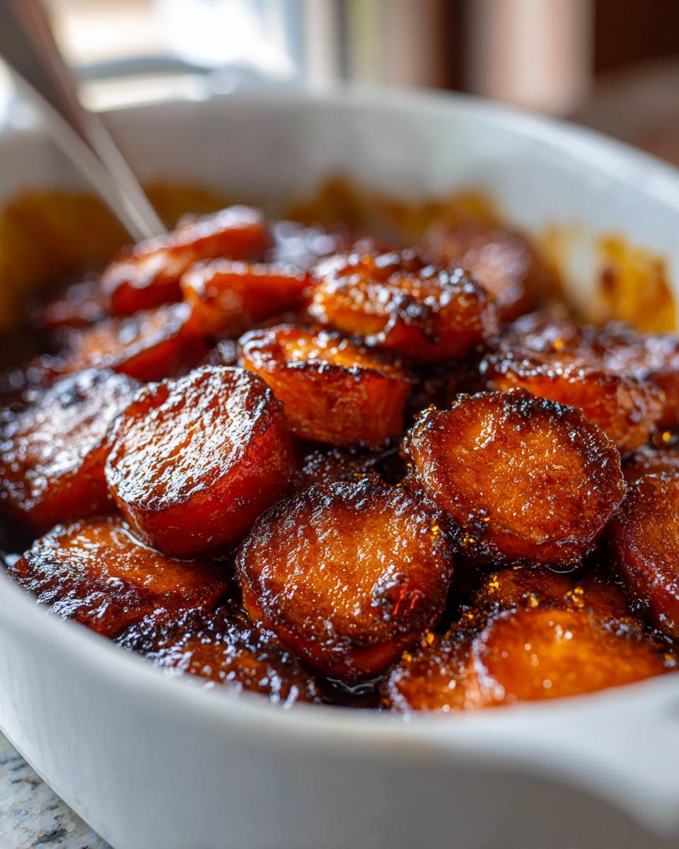 Close-up of rich, glossy candied sweet potatoes slices served in a white oval baking dish.