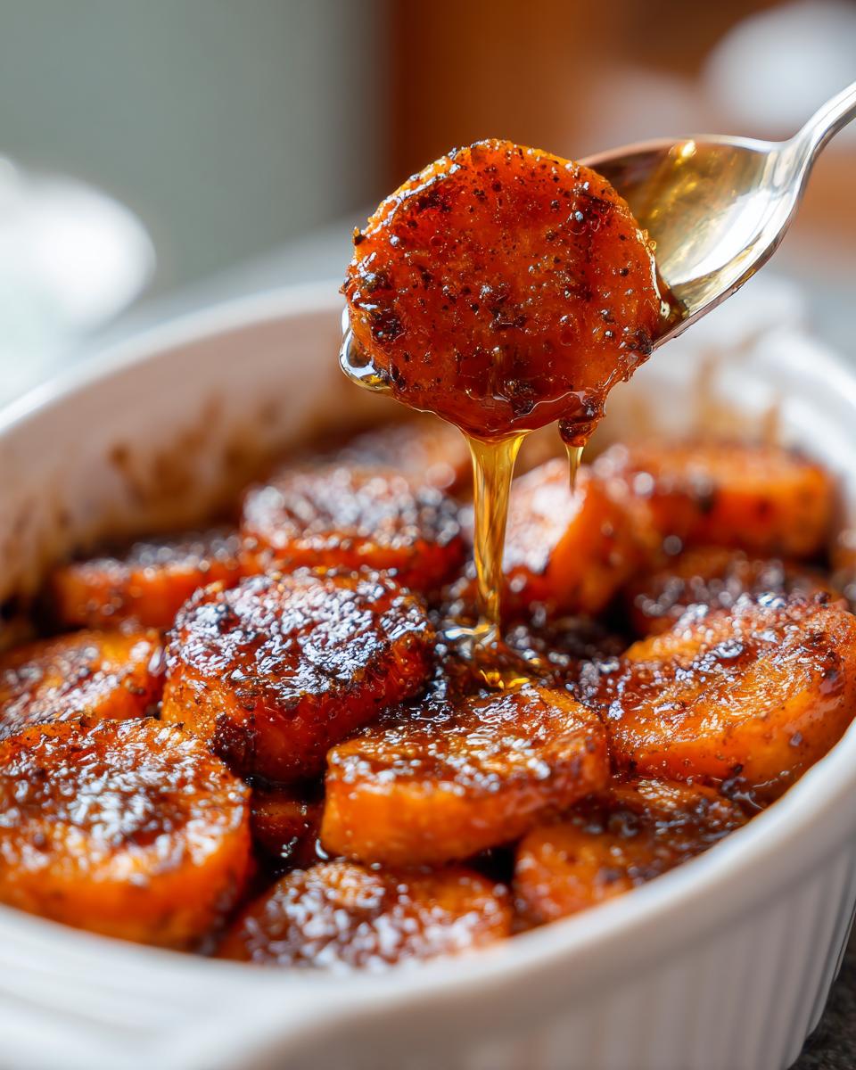 A spoonful of glazed candied sweet potatoes being lifted from a white dish, showing thick syrup dripping off.