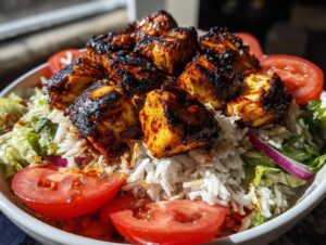 Close-up of a bowl featuring charred harissa chicken pieces served over white rice, garnished with fresh tomato slices and lettuce.