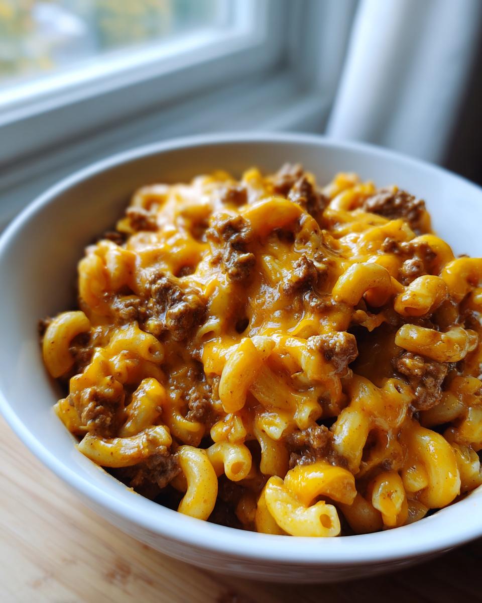 Close-up of a white bowl filled with creamy, cheesy taco pasta mixed with seasoned ground beef.