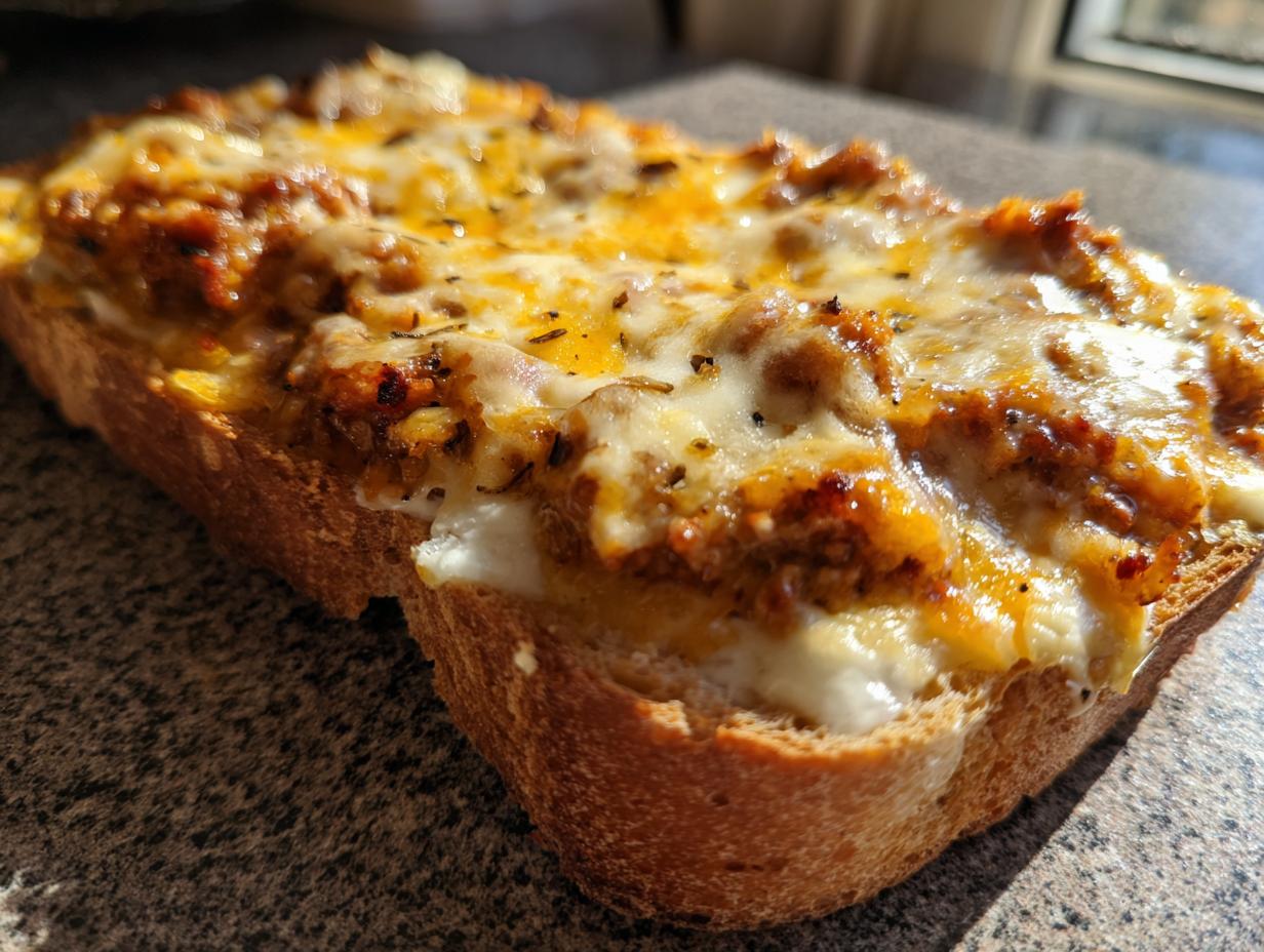 A close-up, side-angle shot of a slice of bread topped generously with the savory, cheesy mixture of the hanky panky recipe.