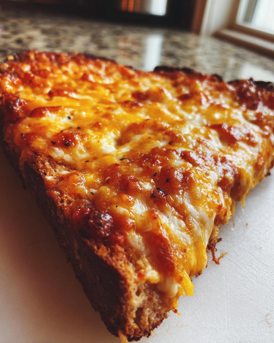 A close-up, angled shot of a slice of the hanky panky recipe, featuring bubbly, melted, and browned cheese topping on toasted bread.