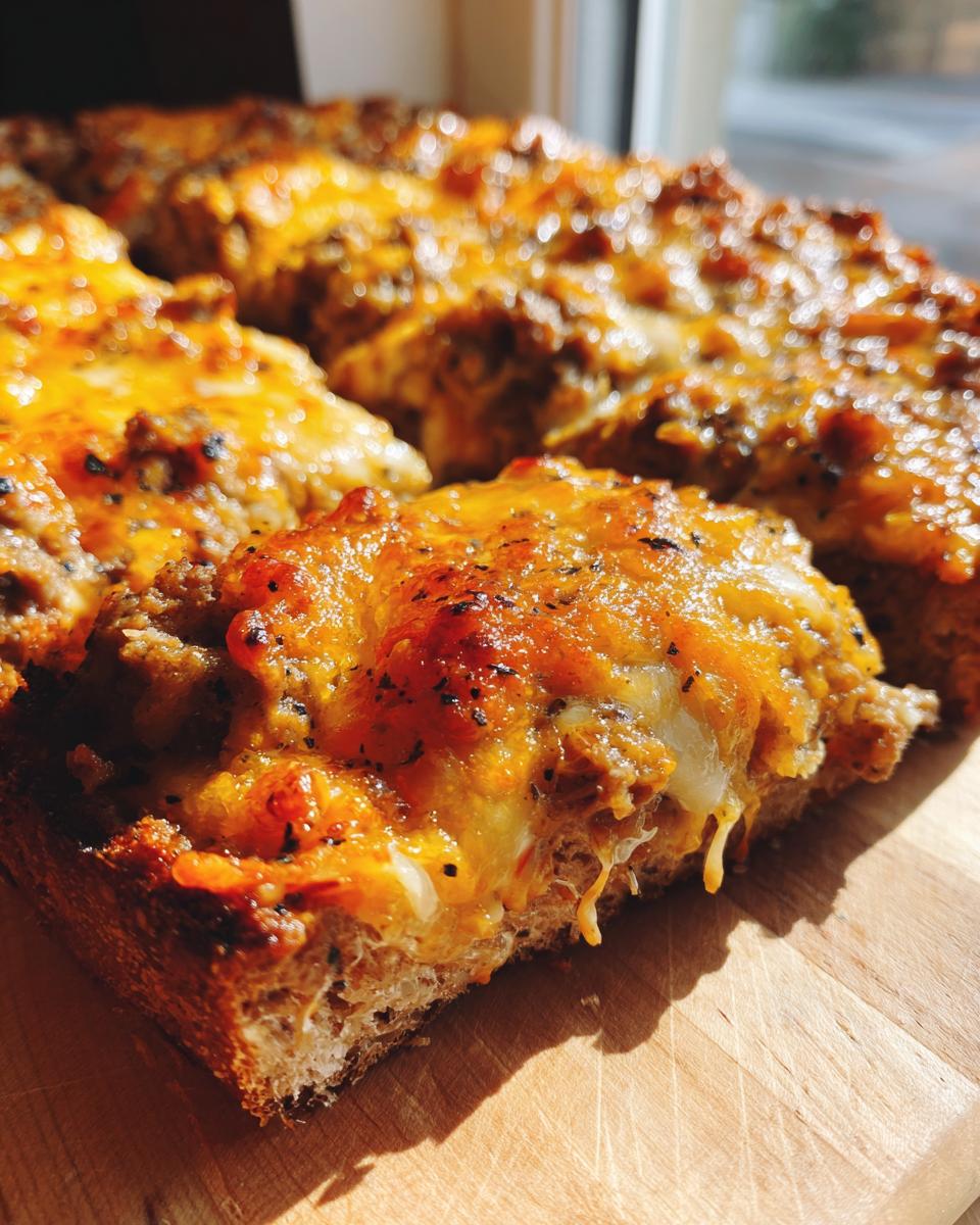 A close-up slice of the hanky panky recipe, featuring a thick layer of melted, browned cheese over a savory topping on toast.
